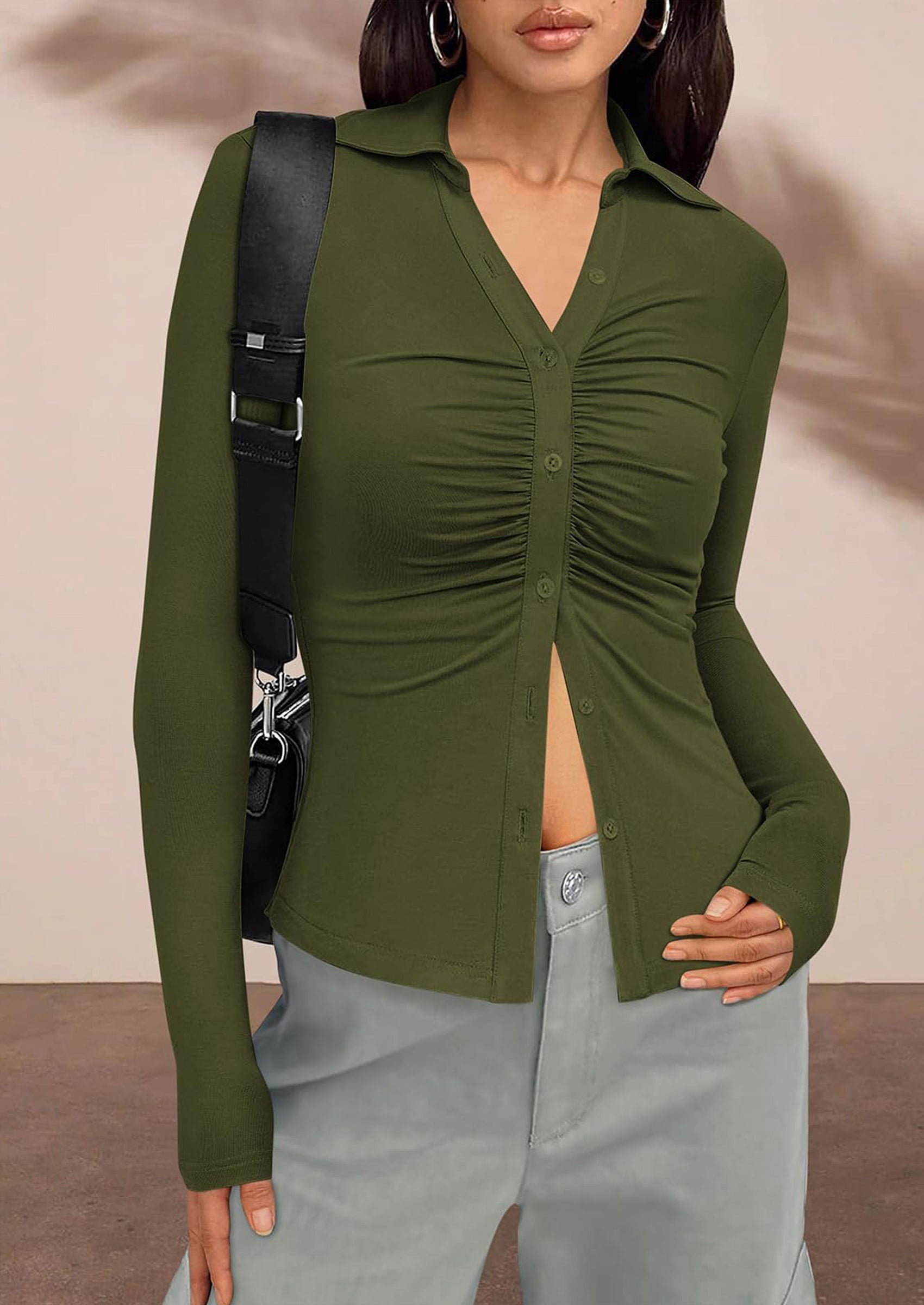 PRETTYGARDEN Womens Button Down Shirts V Neck Collared Ruched Slim Fit Long Sleeve Shirt Casual Fall Fashion Ladies Tops PRETTYGARDEN