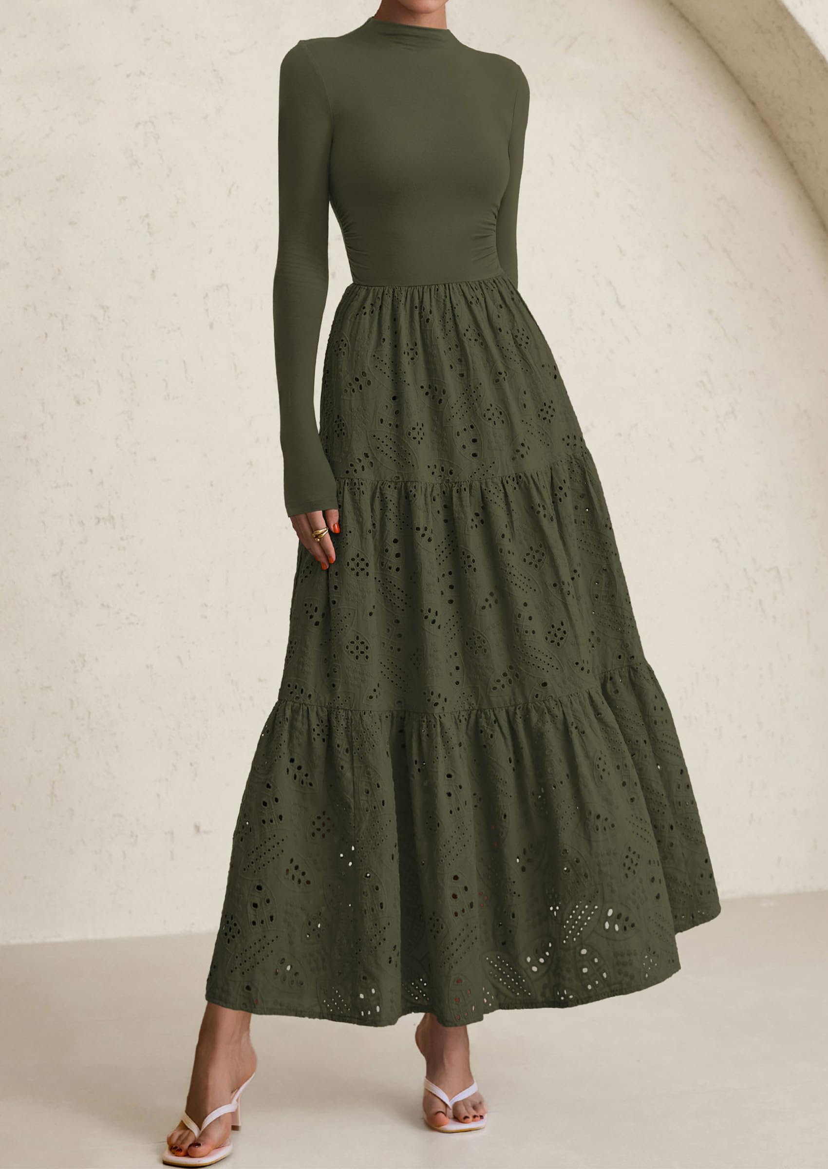 PRETTYGARDEN Long Sleeve Dress for Women Fall Eyelet Mock Neck A Line Elegant Classy Maxi Wedding Guest Dresses Pockets