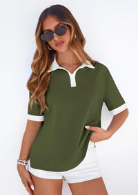 PRETTYGARDEN Summer Short Sleeve Polo Shirts for Women Collared V Neck Work Dressy Tops Knit Loose Business Casual Outfits PRETTYGARDEN
