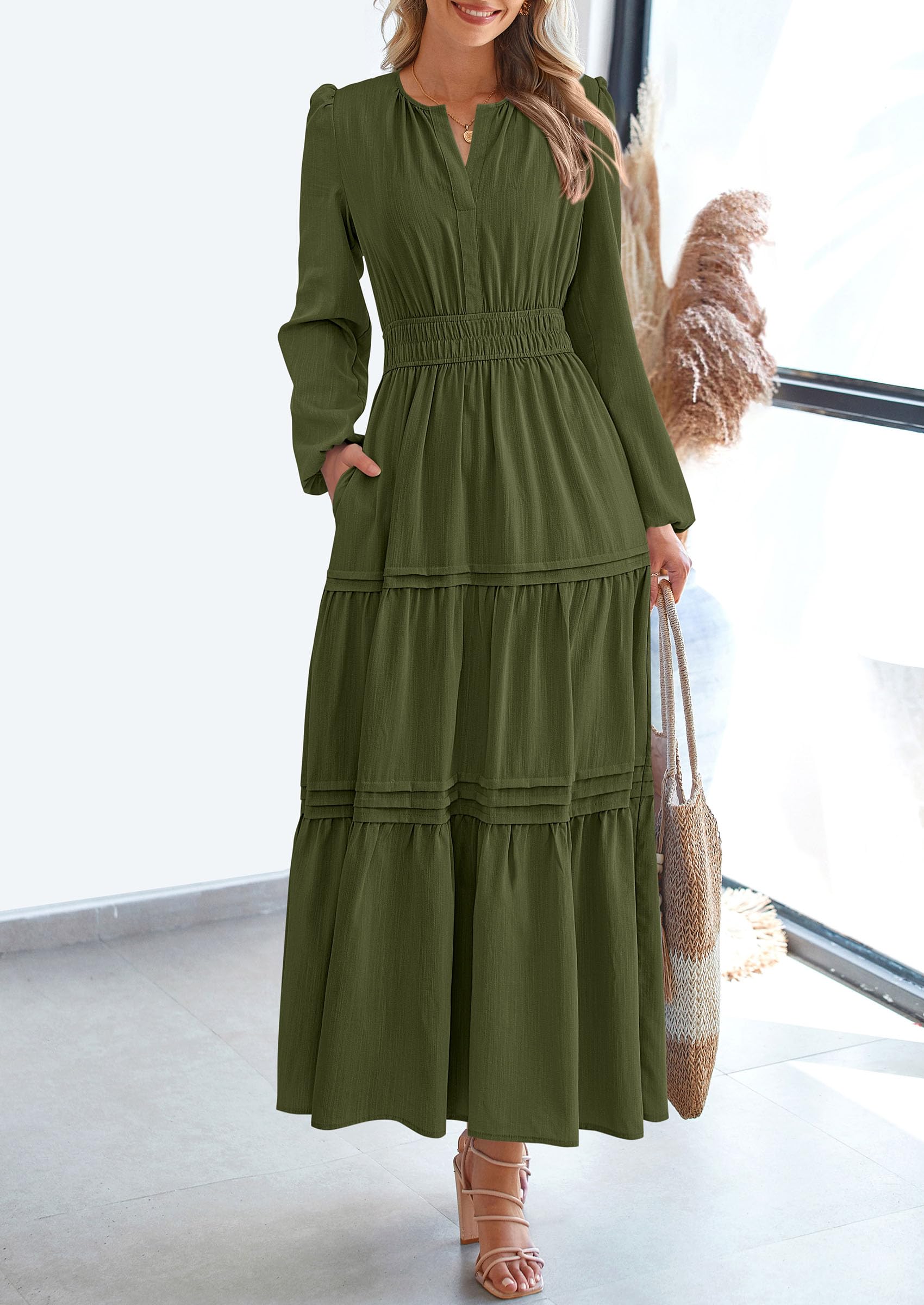 PRETTYGARDEN Women's Elegant Maxi Dresses Long Sleeve V Neck Flowy Pockets Casual Modest Dress Fall Fashion Clothes