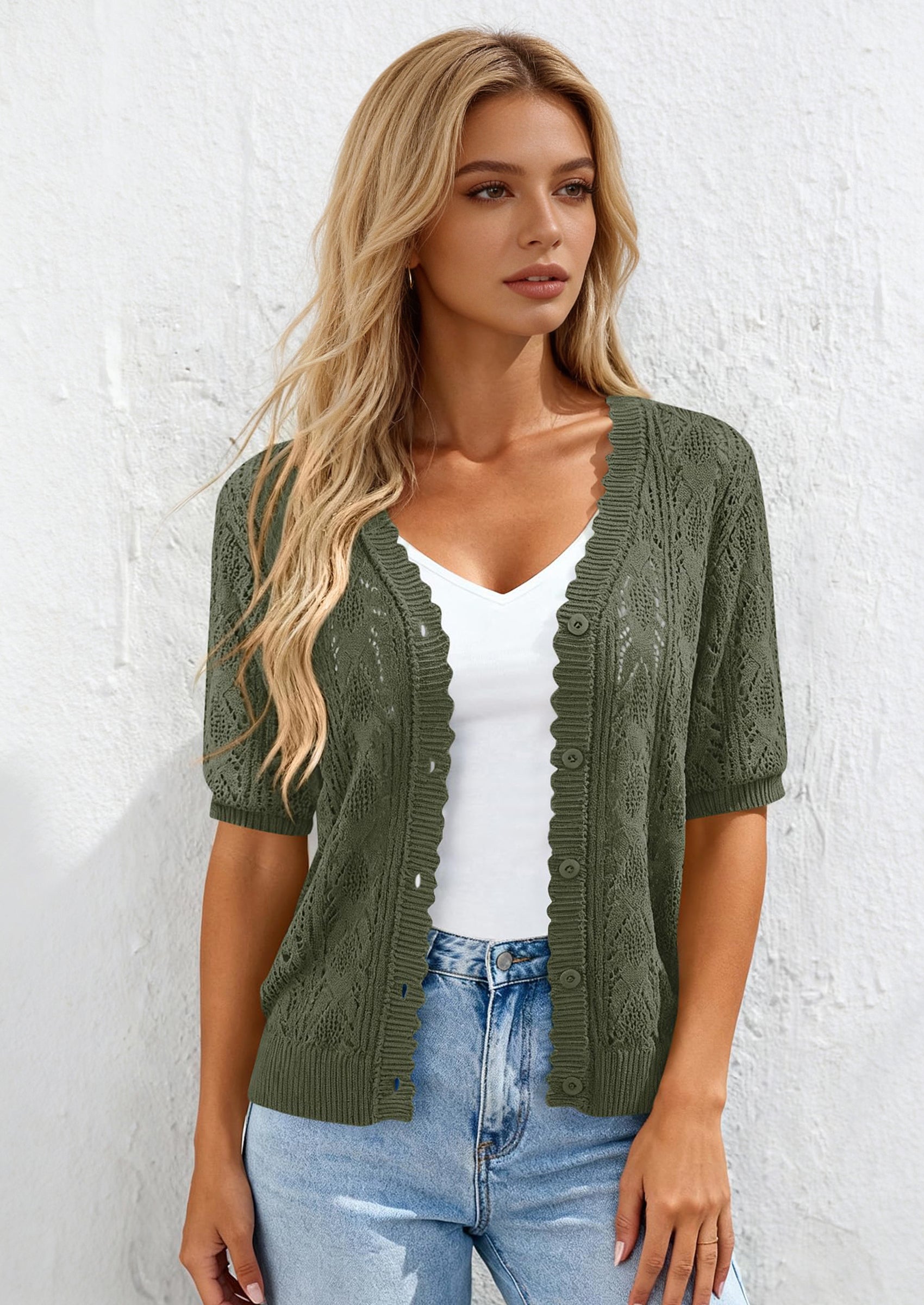 PRETTYGARDEN Short Sleeve Crochet Knit Summer Cardigans for Women Lightweight Button Down Hollow Out Sweater Beach Cover Up PRETTYGARDEN