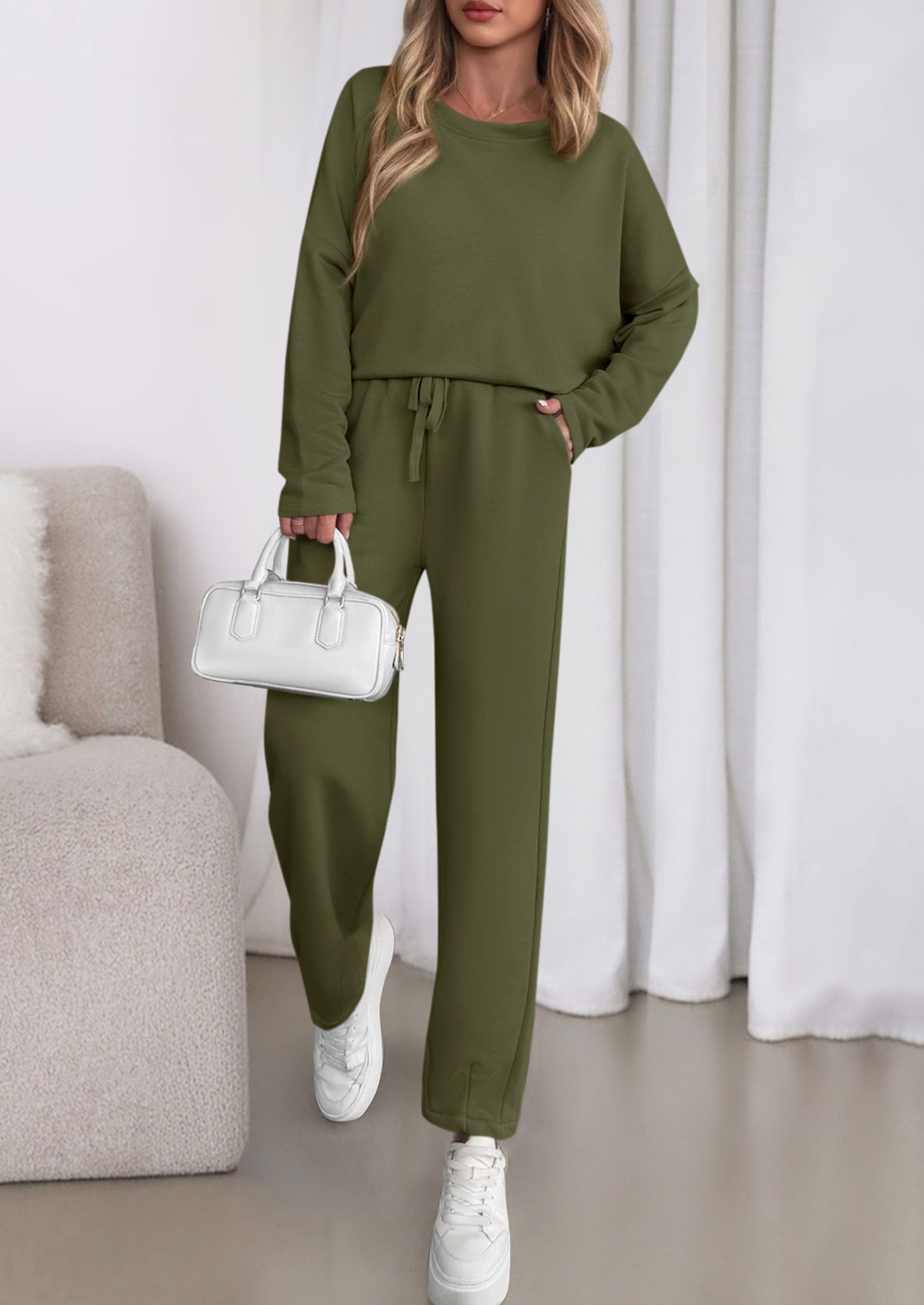 PRETTYGARDEN Womens 2 Piece Matching Lounge Sets Fall Long Sleeve Boatneck Sweatsuit Drawstring Sweatpants Pockets