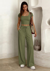 PRETTYGARDEN Women's 2 Piece Matching Lounge Sets Ribbed Short Sleeve Crop Tops Wide Leg Pants Summer Airport Outfits PRETTYGARDEN