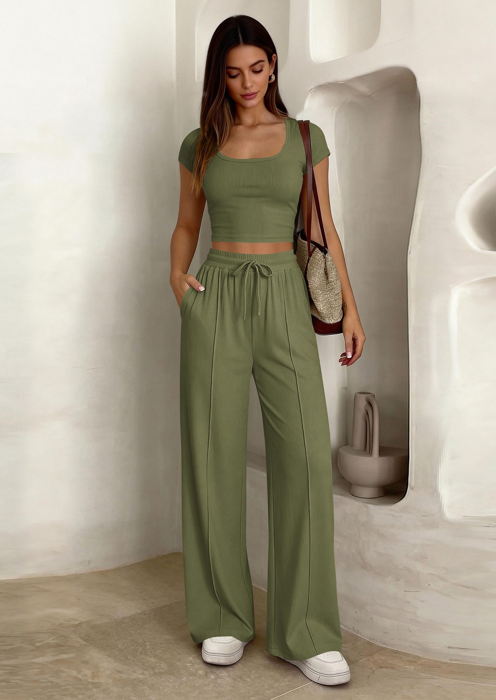 PRETTYGARDEN Women's 2 Piece Matching Lounge Sets Ribbed Short Sleeve Crop Tops Wide Leg Pants Summer Airport Outfits PRETTYGARDEN