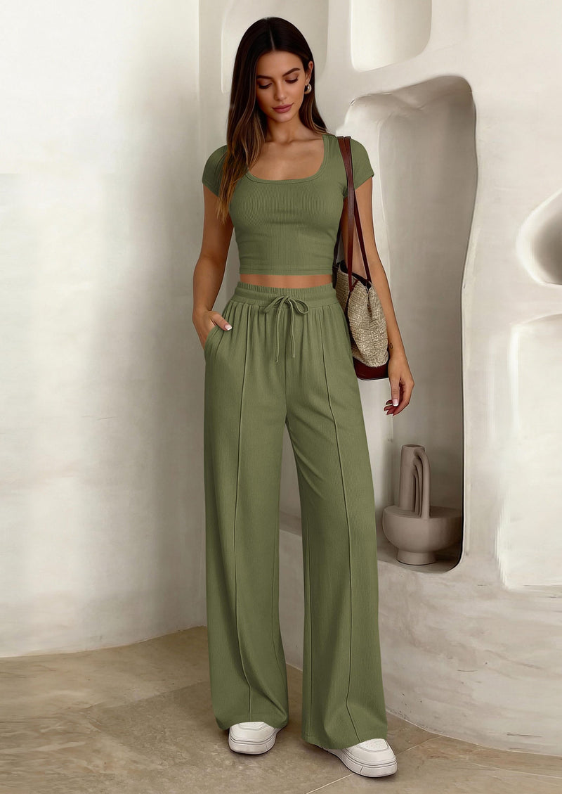 PRETTYGARDEN Women's 2 Piece Matching Lounge Sets Ribbed Short Sleeve Crop Tops Wide Leg Pants Summer Airport Outfits PRETTYGARDEN