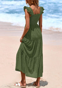 PRETTYGARDEN Womens Square Neck Maxi Dresses Cap Sleeve Eyelet Smocked Tiered A Line Flowy Long Dress with Pockets