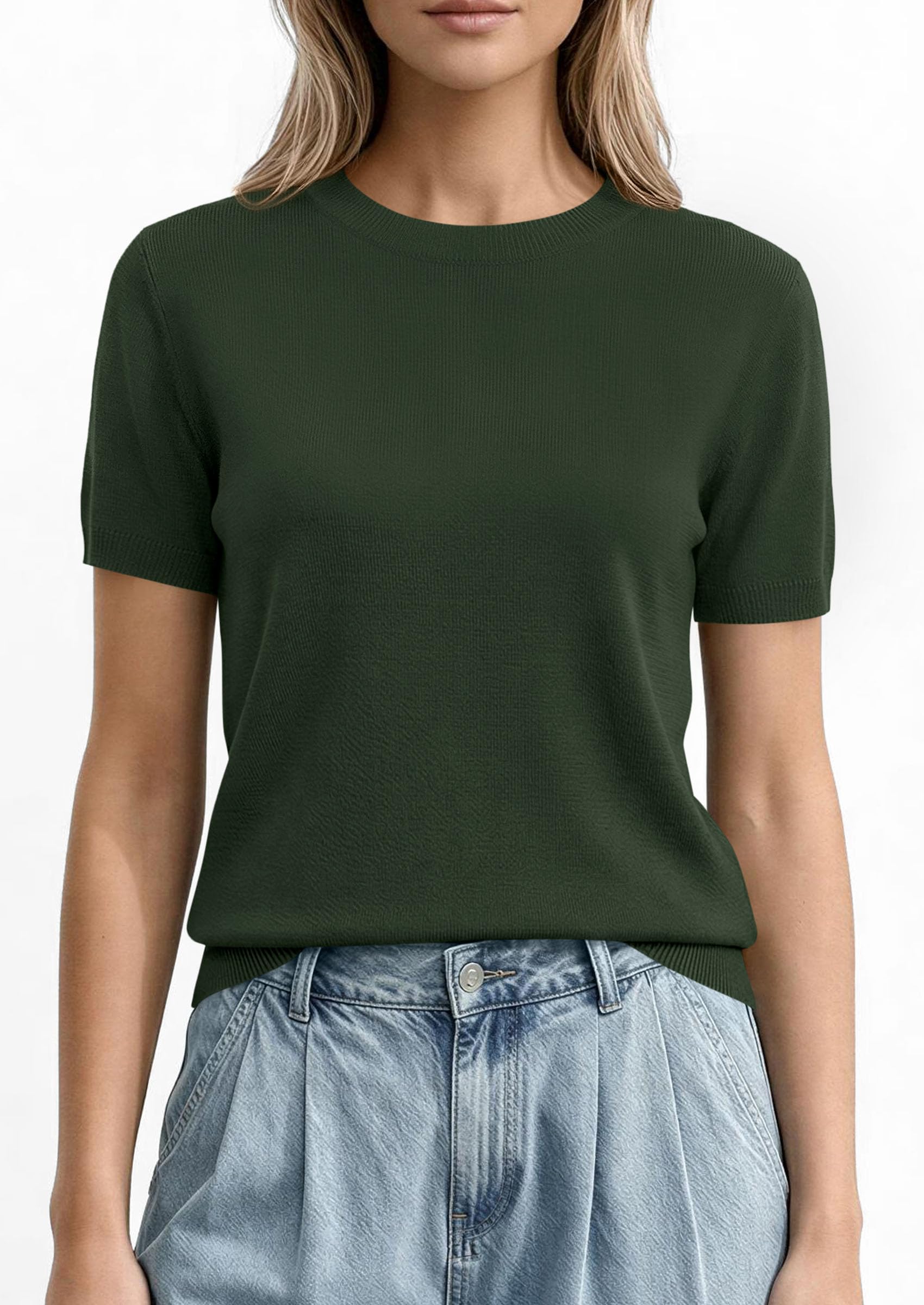 PRETTYGARDEN Women's Short Sleeve Sweaters Spring Crew Neck Knit Work Shirts Business Casual Tops Summer Fashion Clothes PRETTYGARDEN