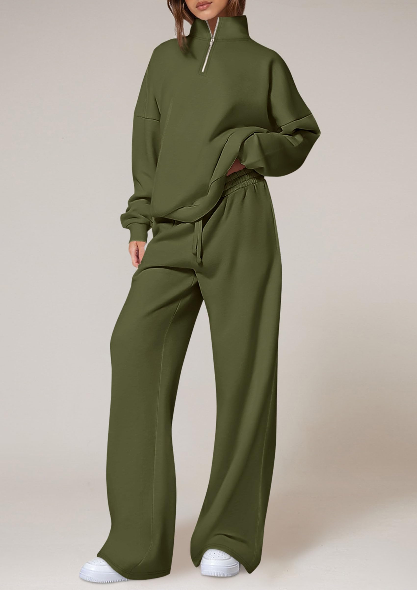 PRETTYGARDEN Womens Casual Two Piece Sets Fall Outfits Quarter Zip Sweatshirts Straight Leg Pants Sweatsuits Tracksuit