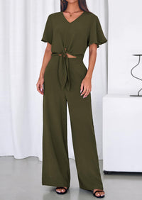 PRETTYGARDEN Women 2 Piece Summer Outfits Short Sleeve Strappy Top Wide Leg Pants Tracksuit Lounge Sets Beach Clothes PRETTYGARDEN