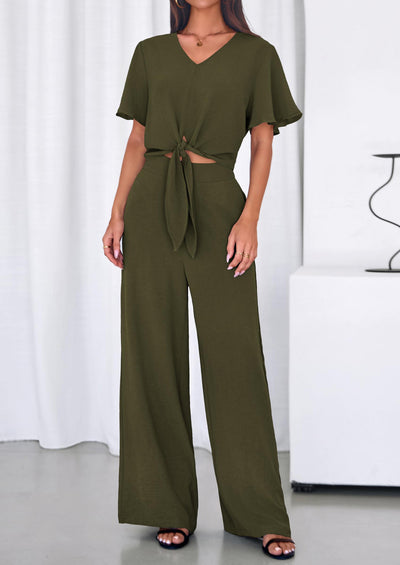 PRETTYGARDEN Women 2 Piece Summer Outfits Short Sleeve Strappy Top Wide Leg Pants Tracksuit Lounge Sets Beach Clothes PRETTYGARDEN