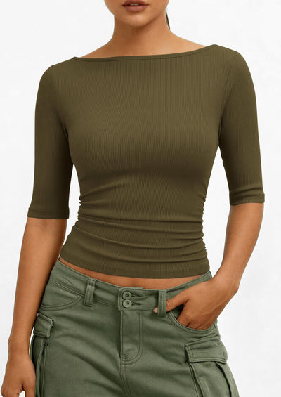 PRETTYGARDEN Womens Summer Short Sleeve Tops Boat Neck Ribbed Knit Slim Fit T Shirt Casual Basic Top Spring Clothes PRETTYGARDEN