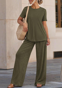 PRETTYGARDEN Summer Lounge Sets for Women 2 Piece Short Sleeve Crewneck Cute Tops and Wide Leg Pants with Pockets Pj Set PRETTYGARDEN