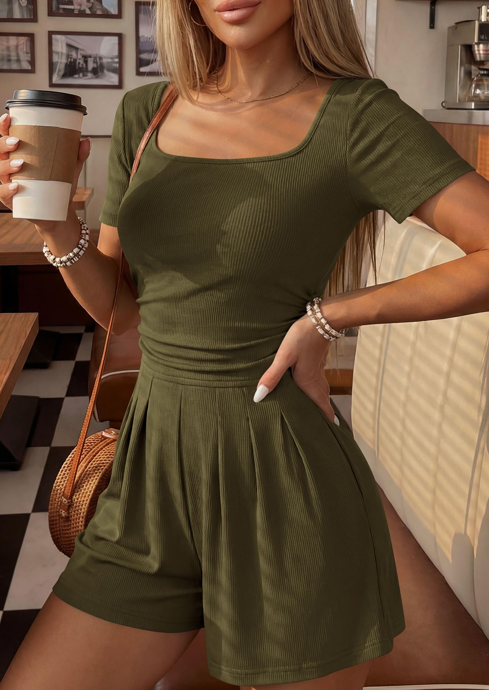 PRETTYGARDEN Summer Rompers For Women Short Sleeve Shirt Knit Shorts One Piece Jumpsuit Casual Beach Vacation Clothes PRETTYGARDEN