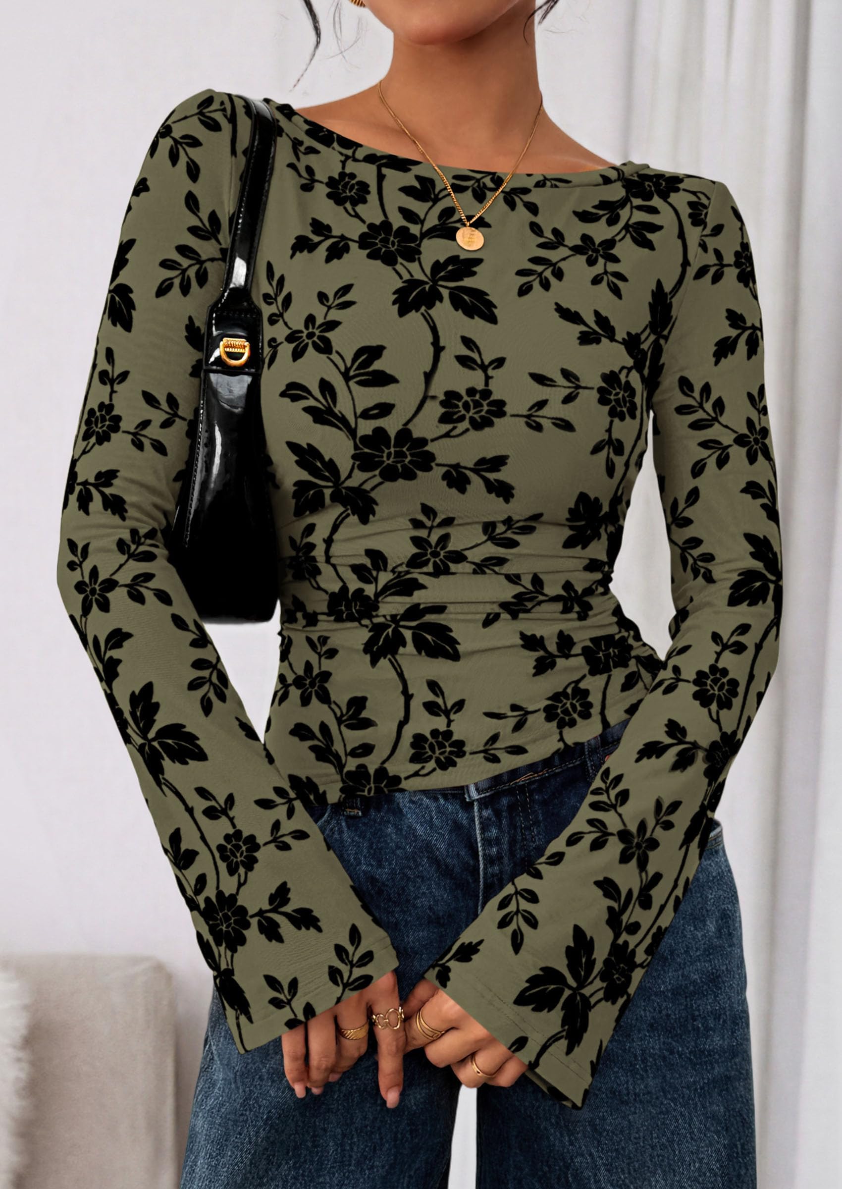 PRETTYGARDEN Women Long Sleeve Floral Mesh Tops Blouse  Fall Trendy Boat Neck Ruched Fitted Shirt Going Out Date Outfits