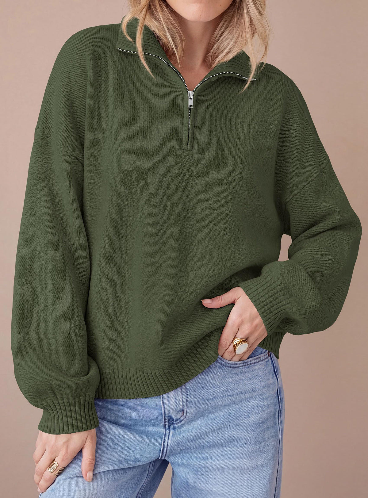 PRETTYGARDEN Women's Quarter Zip Pullover Oversized Sweaters | Collared Neck, Long Balloon Sleeve, Jumper Tops, Soft Cozy Knit, Ribbed Hem, Loose Fit, Fall Outfits, Winter Fashion Clothing