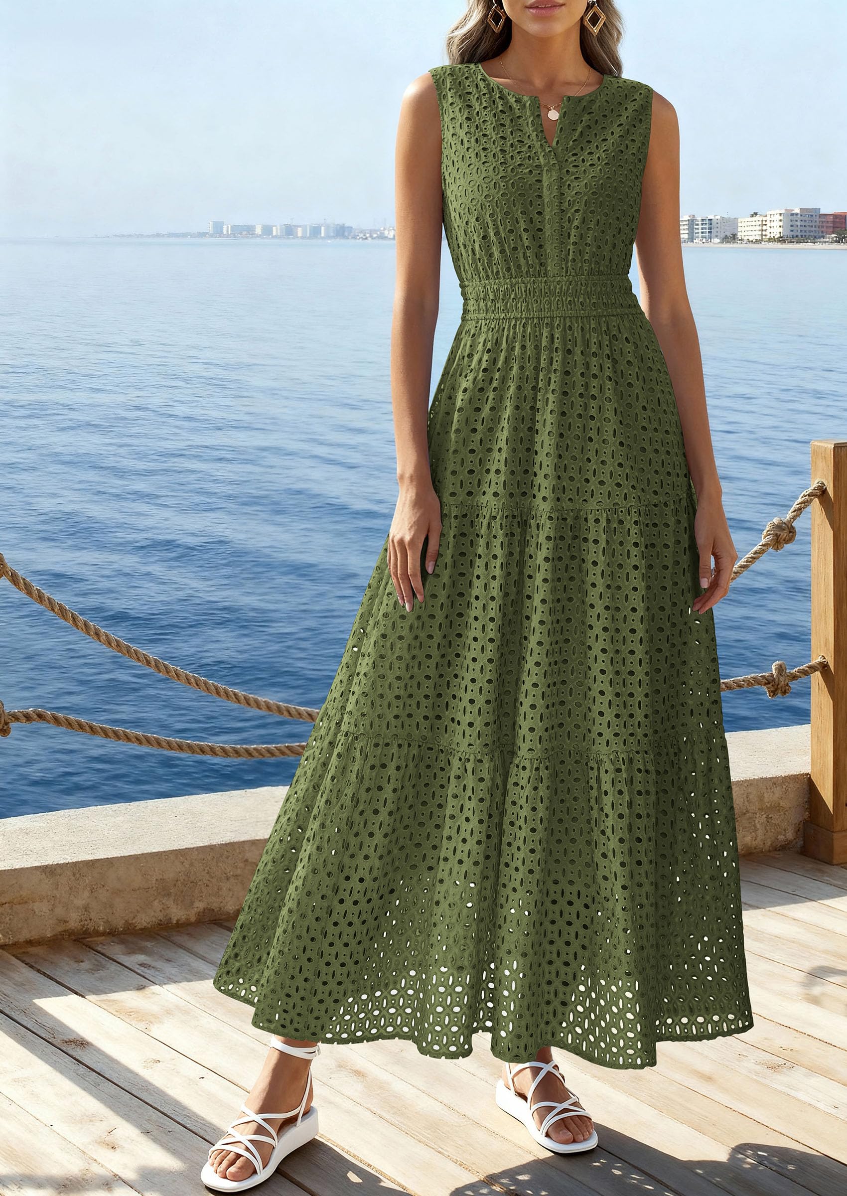 PRETTYGARDEN Summer Dresses for Women Sundresses Sleeveless V Neck Eyelet A Line Flowy Beach Vacation Spring Maxi Dress PRETTYGARDEN