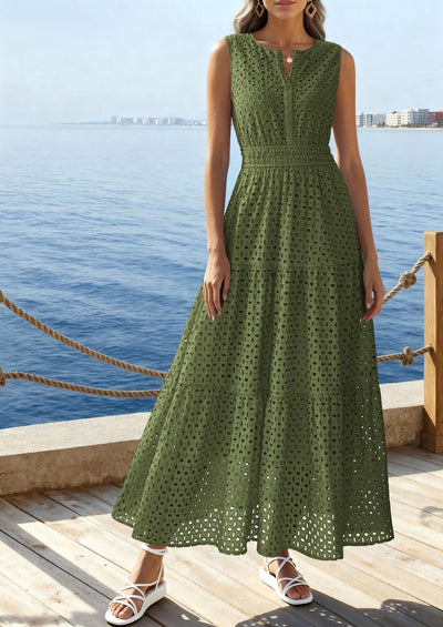 PRETTYGARDEN Summer Dresses for Women Sundresses Sleeveless V Neck Eyelet A Line Flowy Beach Vacation Spring Maxi Dress PRETTYGARDEN