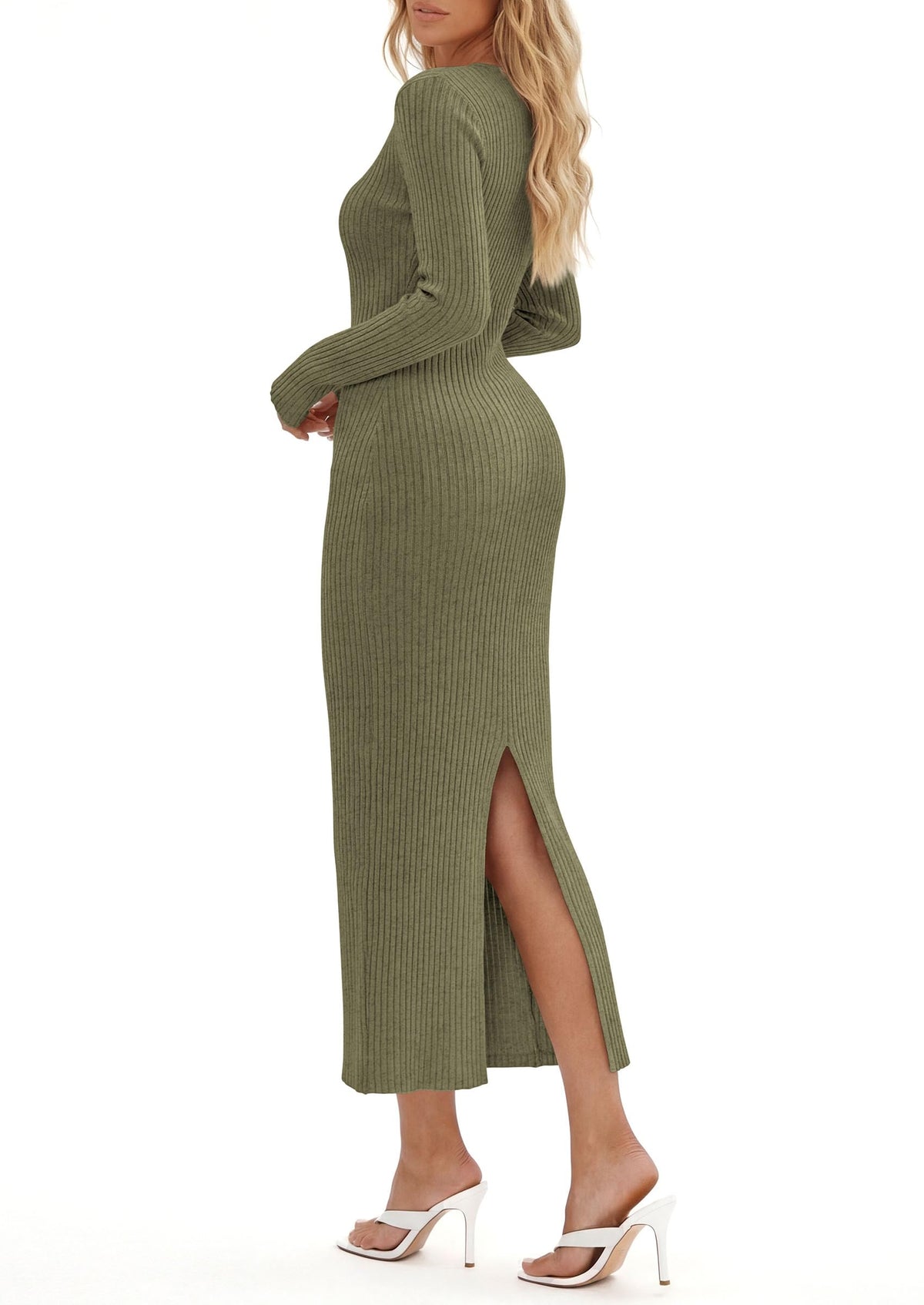 PRETTYGARDEN Women's Long Sleeve Bodycon Maxi Sweater Dress | Stretchy Rib Knit,Metal Buckle Waist,Back Slit,Work Cocktail Holiday Party Outfits,Fall Winter Winter Wedding Guest Dresses