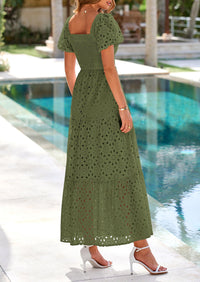 PRETTYGARDEN Dresses for Women Eyelet Square Neck Puff Sleeve Smocked Wedding Guest Maxi Dress with Pockets