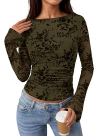 PRETTYGARDEN Women's Bell Sleeve Floral Mesh Crop Tops | Slim Fitted Shirts, Long Sleeve Going Out Top, Ruched Front, Boat Neck, Casual Blouses, Fall Date Night Outfits, Y2K Clothes