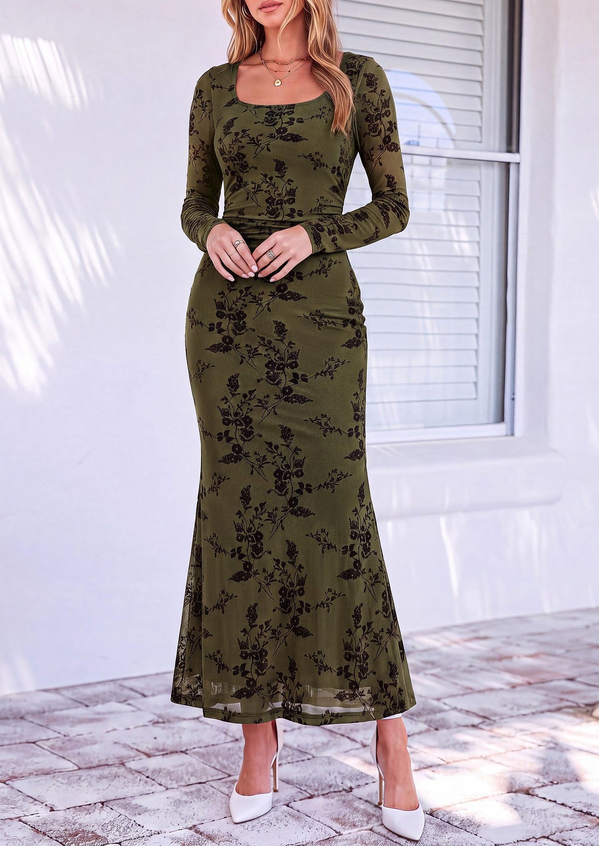 PRETTYGARDEN Women's Long Sleeve Floral Maxi Bodycon Dress  Cocktail Dresses for Wedding Guest, Square Neck, Stretchy Mesh, Elegant Classy, Formal Holiday Party, Fall Date Night Outfits
