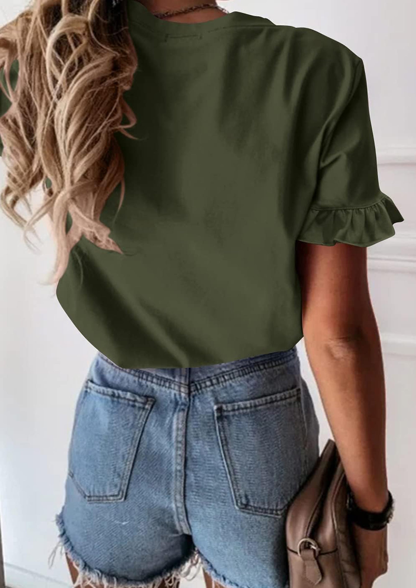 PRETTYGARDEN Women's Short Sleeve Casual T Shirts Summer Ruffle Plain Round Neck Loose Fit Tee Blouse Tops PRETTYGARDEN