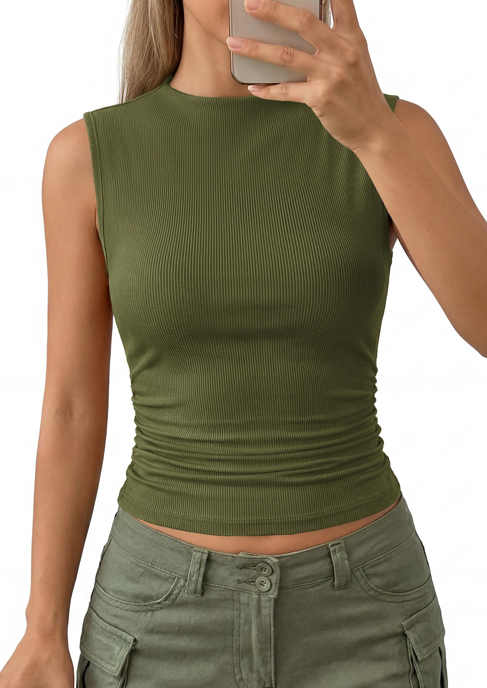 PRETTYGARDEN Tank Top for Women Summer Fashion Clothing Mock Neck Ribbed Knit Slim Fitted Shirts Going Out Tops PRETTYGARDEN