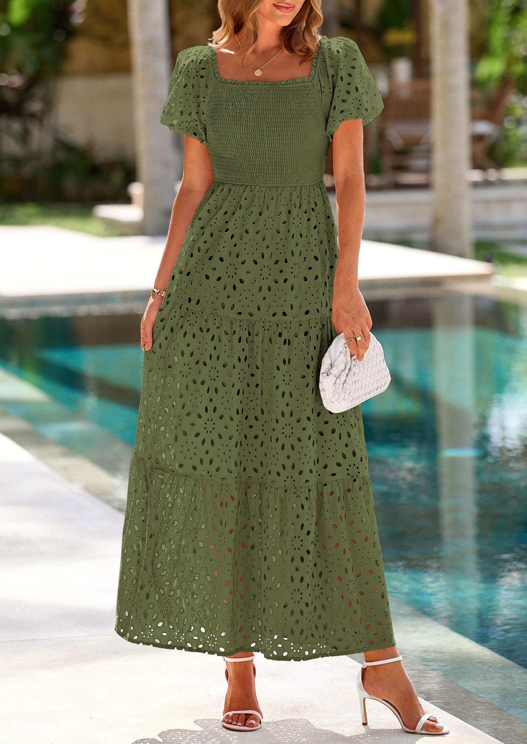 PRETTYGARDEN Dresses for Women Eyelet Square Neck Puff Sleeve Smocked Wedding Guest Maxi Dress with Pockets