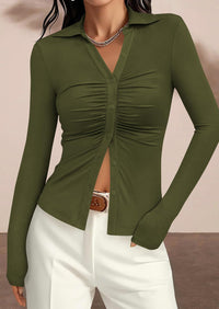 PRETTYGARDEN Womens Button Down Shirts V Neck Collared Ruched Slim Fit Long Sleeve Shirt Casual Fall Fashion Ladies Tops PRETTYGARDEN