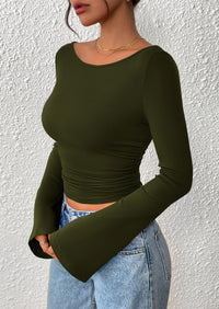 PRETTYGARDEN Women's Long Sleeve Shirts Fall Going Out Tops Casual Boat Neck Bell Sleeve Ribbed Ruched Y2K Clothes