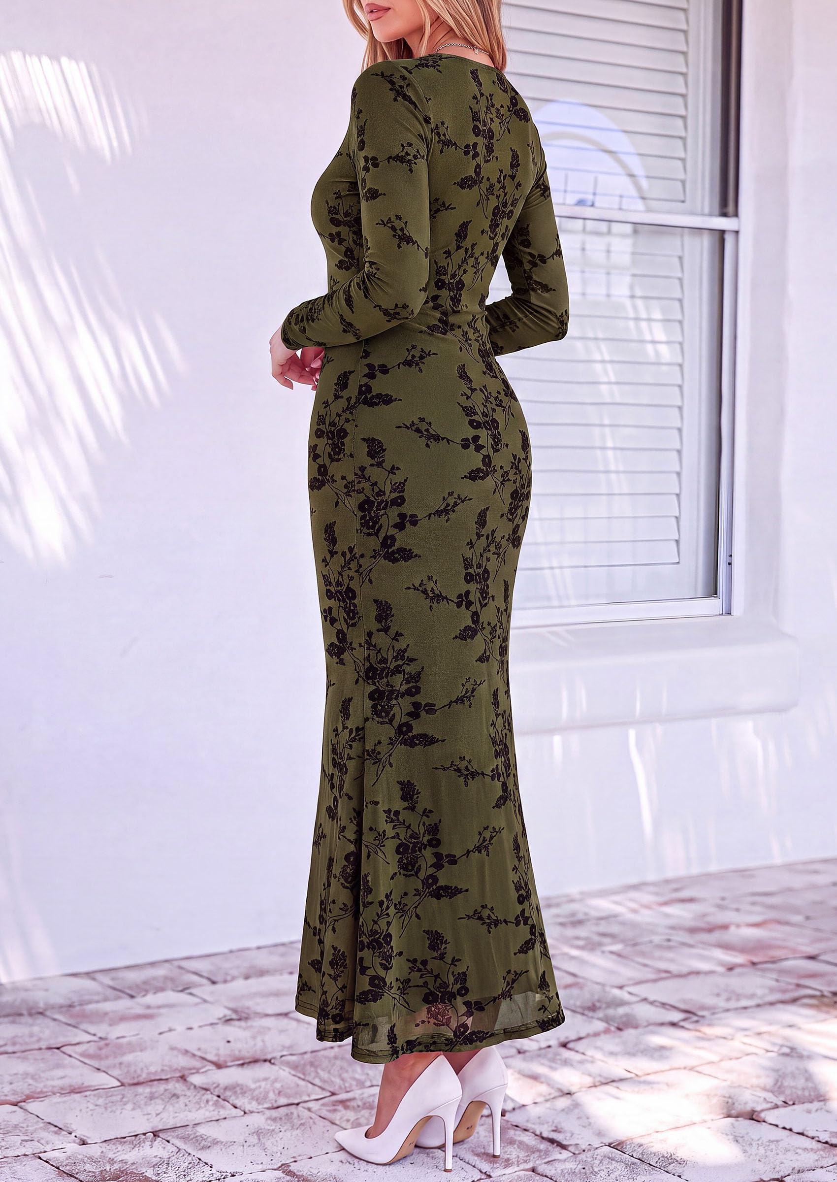 PRETTYGARDEN Women's Long Sleeve Floral Maxi Bodycon Dress  Cocktail Dresses for Wedding Guest, Square Neck, Stretchy Mesh, Elegant Classy, Formal Holiday Party, Fall Date Night Outfits