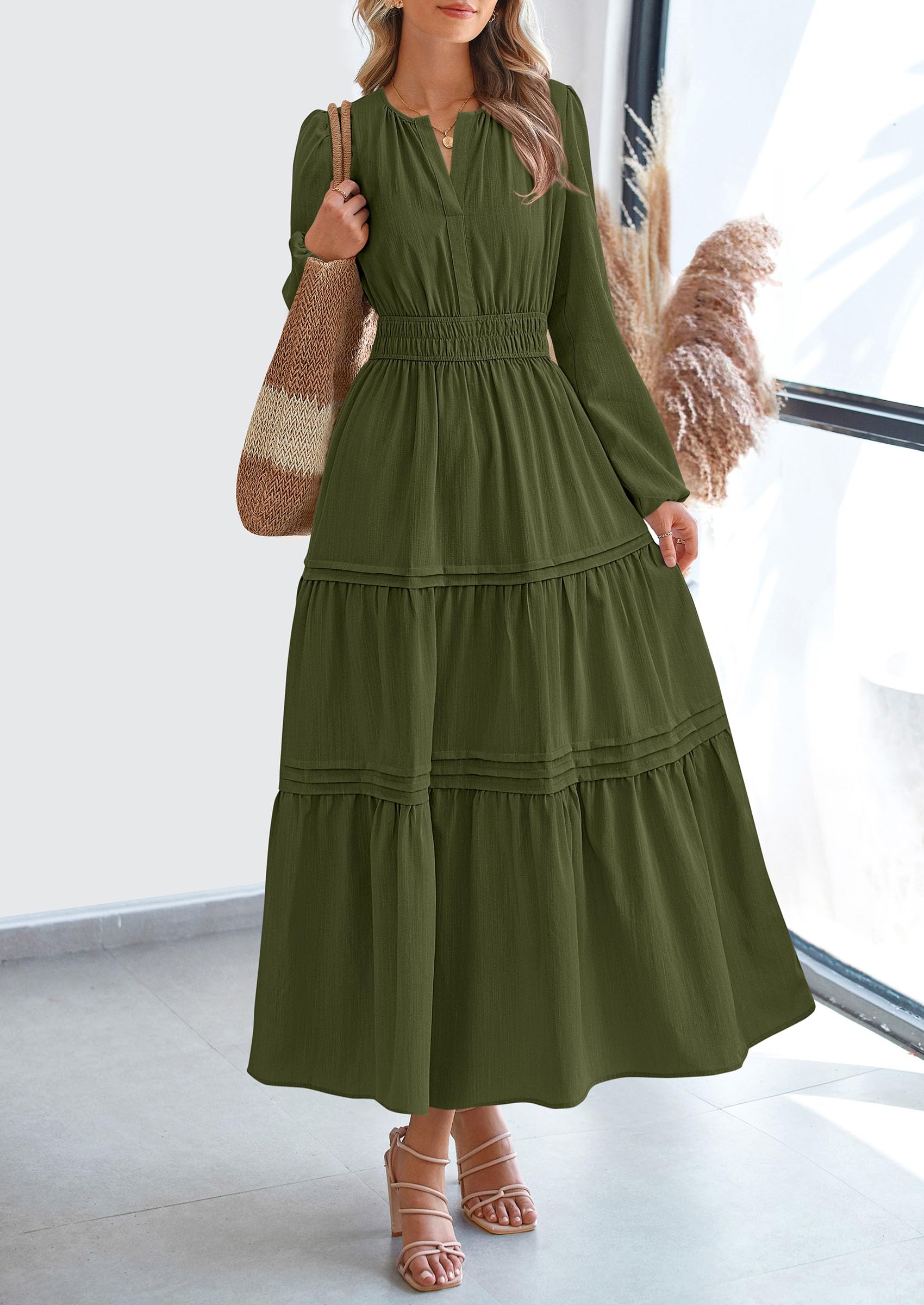 PRETTYGARDEN Women's Elegant Maxi Dresses Long Sleeve V Neck Flowy Pockets Casual Modest Dress Fall Fashion Clothes