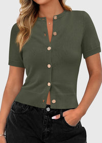 PRETTYGARDEN Womens Casual Summer Short Sleeve Cardigans Button Down Knitted Sweater Basic Crew Neck Crop Tops