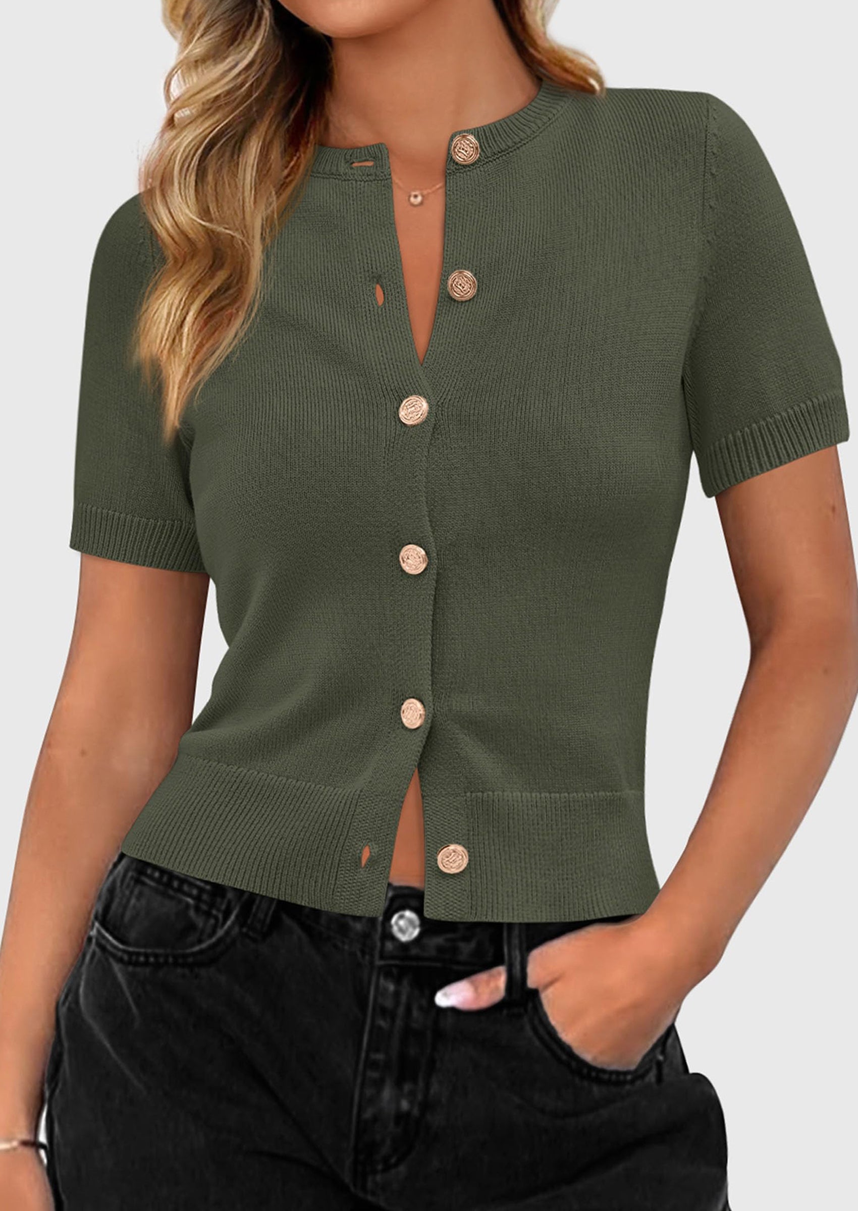 PRETTYGARDEN Womens Casual Summer Short Sleeve Cardigans Button Down Knitted Sweater Basic Crew Neck Crop Tops