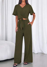 PRETTYGARDEN Women 2 Piece Summer Outfits Short Sleeve Strappy Top Wide Leg Pants Tracksuit Lounge Sets Beach Clothes PRETTYGARDEN