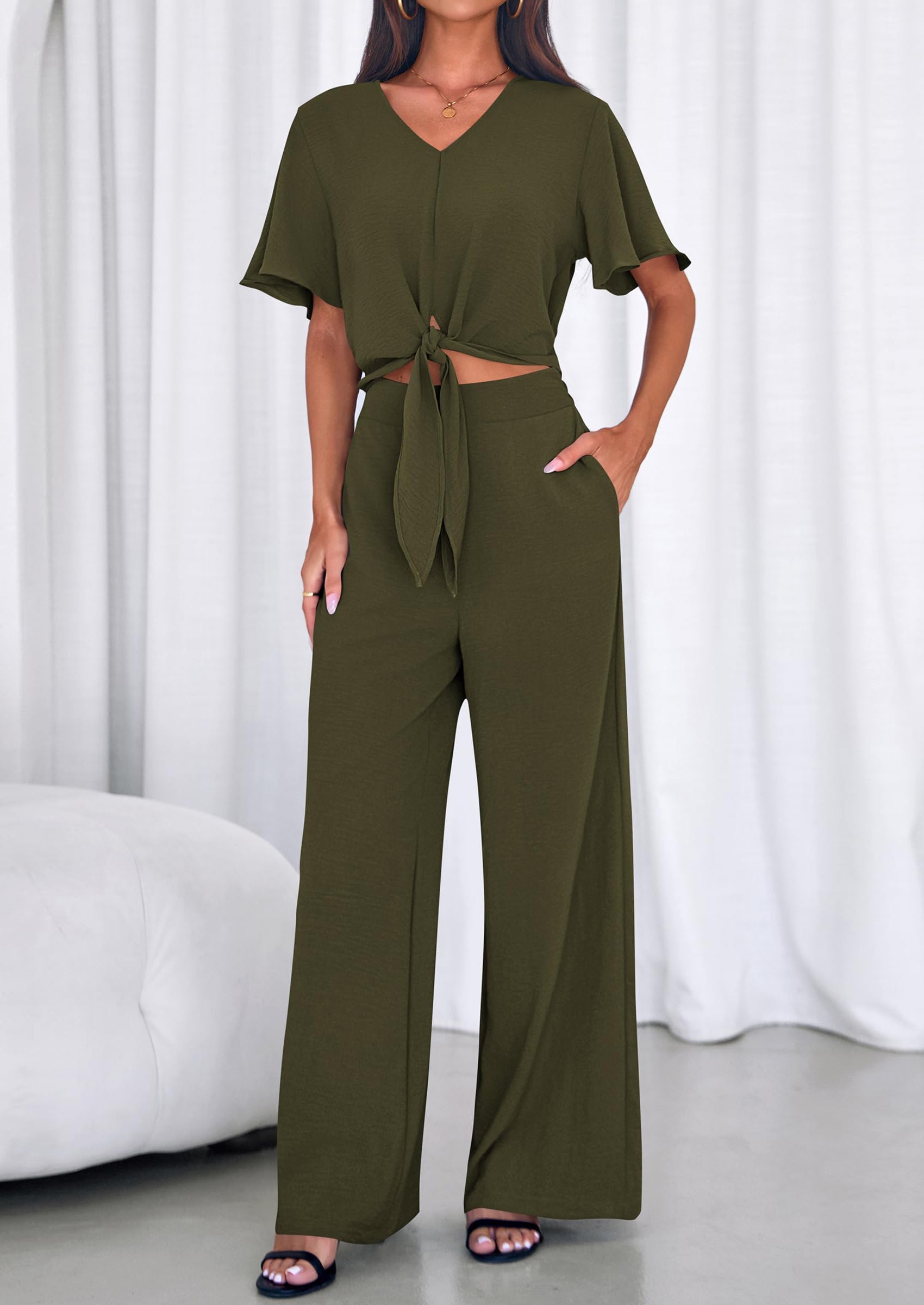 PRETTYGARDEN Women 2 Piece Summer Outfits Short Sleeve Strappy Top Wide Leg Pants Tracksuit Lounge Sets Beach Clothes PRETTYGARDEN