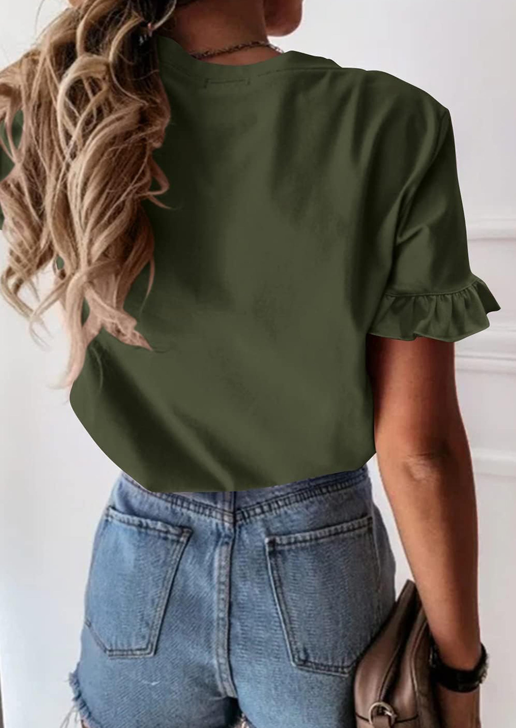 PRETTYGARDEN Women's Short Sleeve Casual T Shirts Summer Ruffle Plain Round Neck Loose Fit Tee Blouse Tops