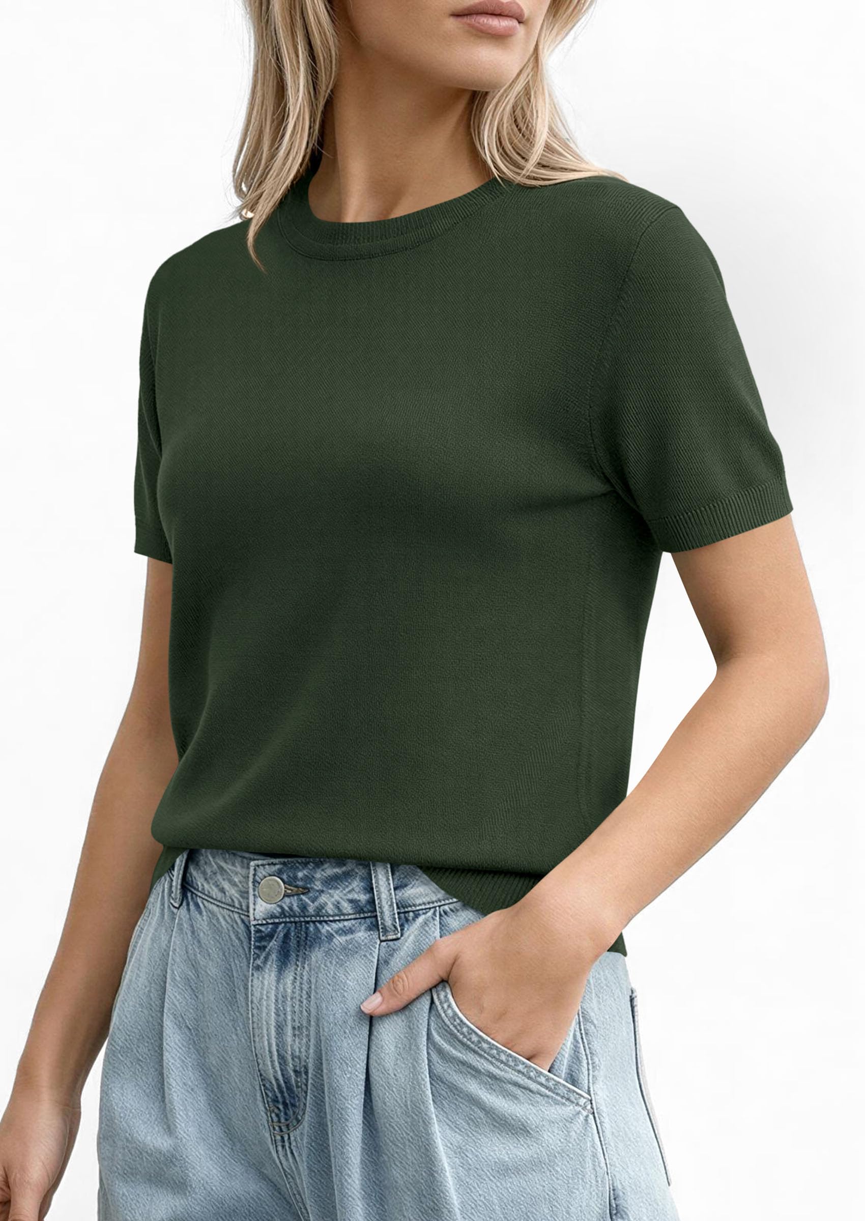 PRETTYGARDEN Women's Short Sleeve Sweaters Spring Crew Neck Knit Work Shirts Business Casual Tops Summer Fashion Clothes PRETTYGARDEN