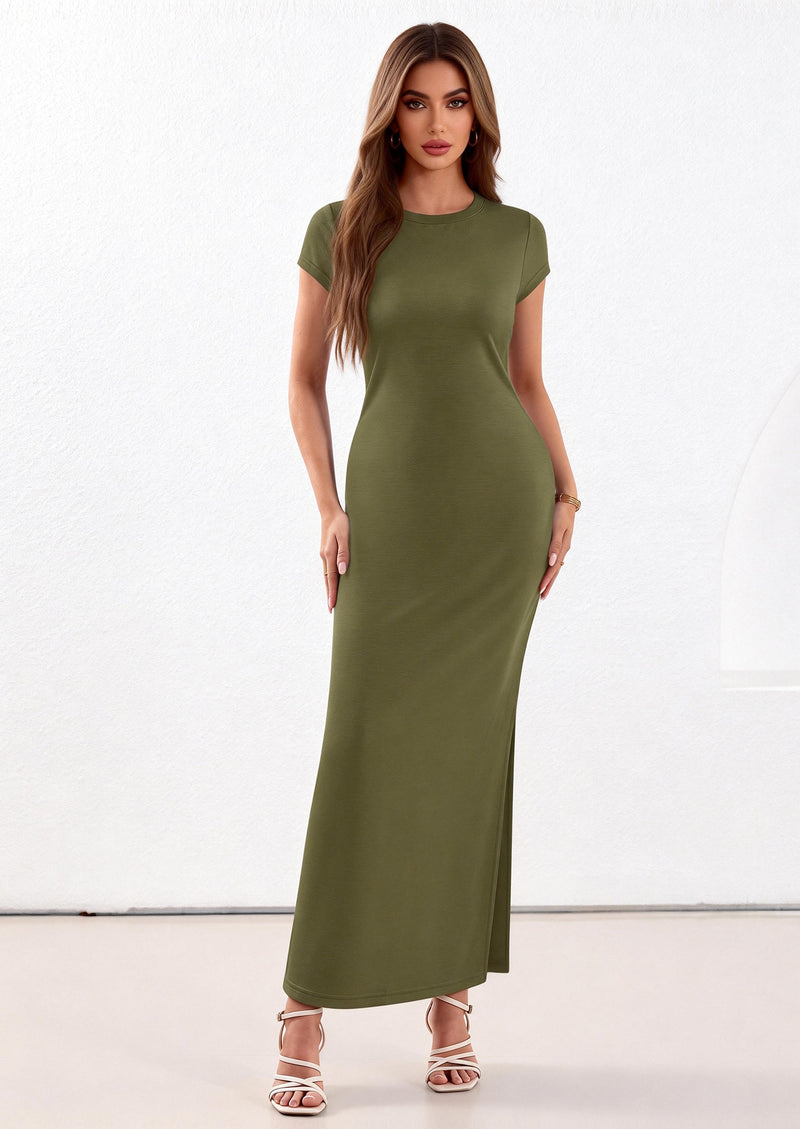 PRETTYGARDEN Womens Summer Maxi Dresses Casual Short Sleeve Crewneck Knit Slit T Shirt Dress Spring Long Beach Sundress PRETTYGARDEN