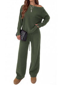 PRETTYGARDEN Lounge Sets Womens Two Piece Outfits  Cozy Boat Neck Long Sleeve , Wide Leg Pants with Drawstring, Casual Fall Fashion 2026 Airport & Travel, Knit Matching Set