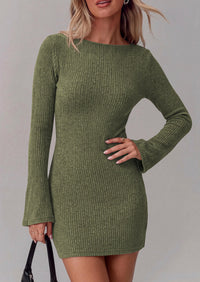 PRETTYGARDEN Womens Fall Bell Long Sleeve Mini Dress 2026 Casual Boat Neck Ribbed Bodycon Short Party Cocktail Dresses
