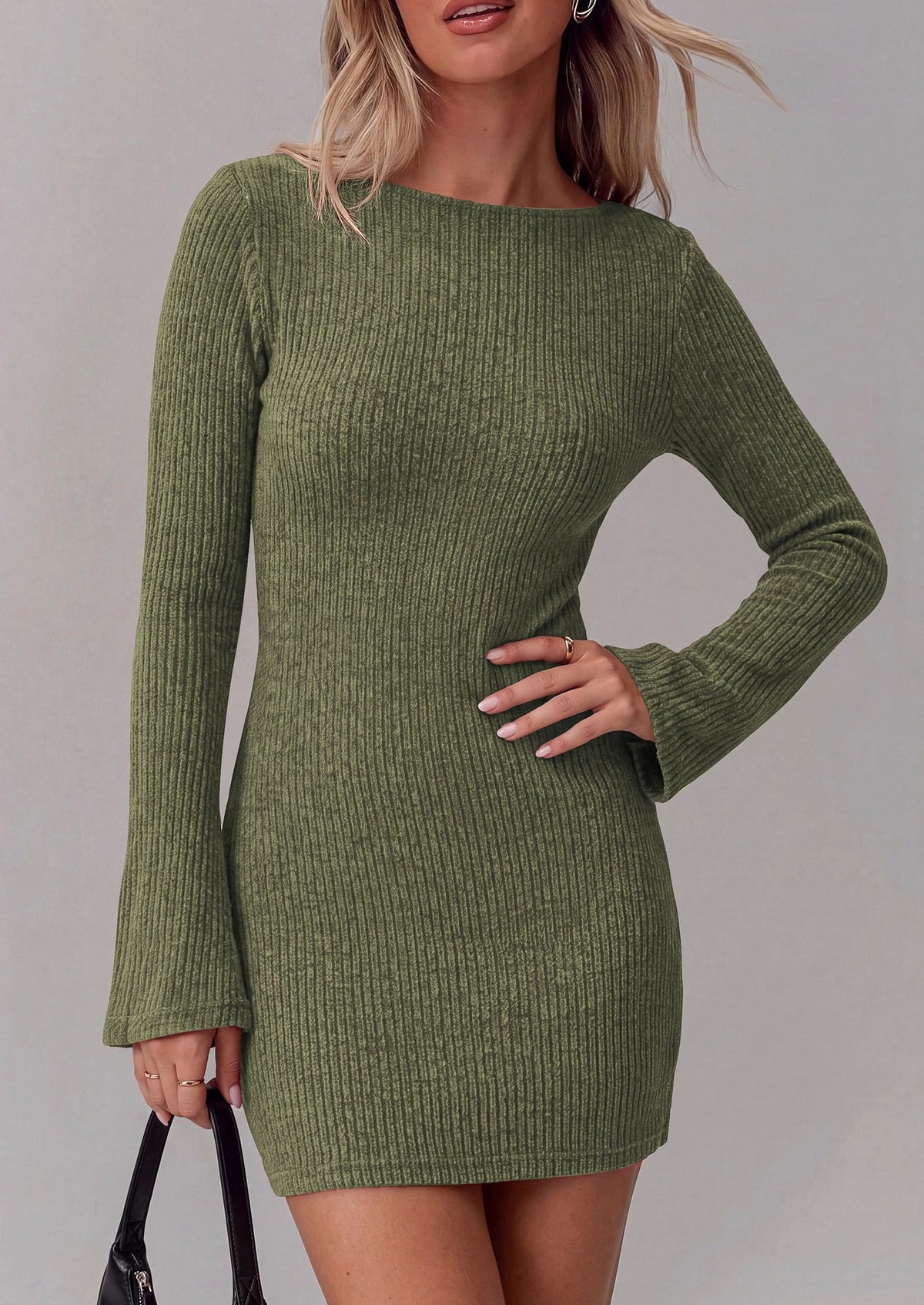 PRETTYGARDEN Womens Fall Bell Long Sleeve Mini Dress 2026 Casual Boat Neck Ribbed Bodycon Short Party Cocktail Dresses
