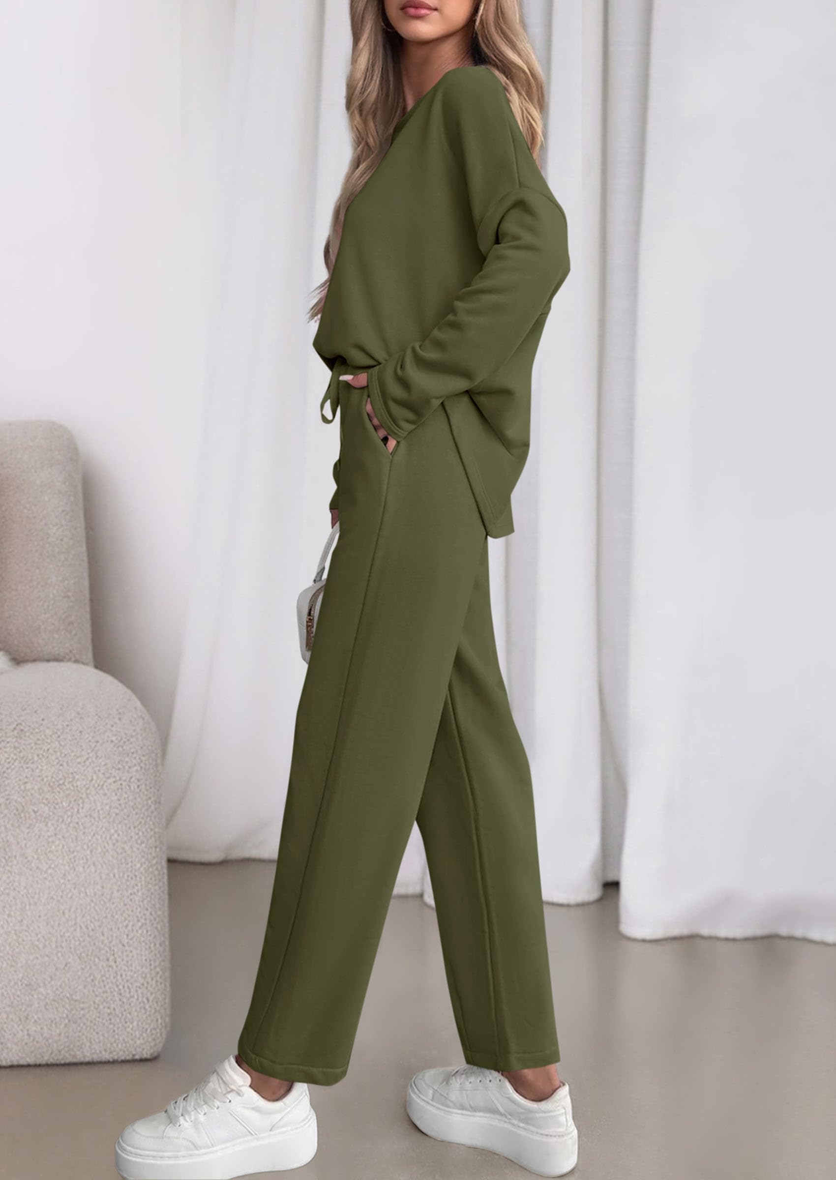 PRETTYGARDEN Womens 2 Piece Matching Lounge Sets Fall Long Sleeve Boatneck Sweatsuit Drawstring Sweatpants Pockets