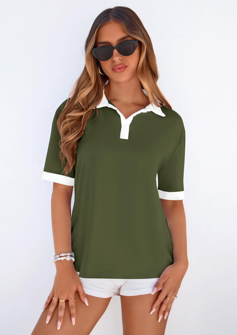 PRETTYGARDEN Summer Short Sleeve Polo Shirts for Women Collared V Neck Work Dressy Tops Knit Loose Business Casual Outfits PRETTYGARDEN