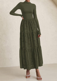 PRETTYGARDEN Long Sleeve Dress for Women Fall Eyelet Mock Neck A Line Elegant Classy Maxi Wedding Guest Dresses Pockets