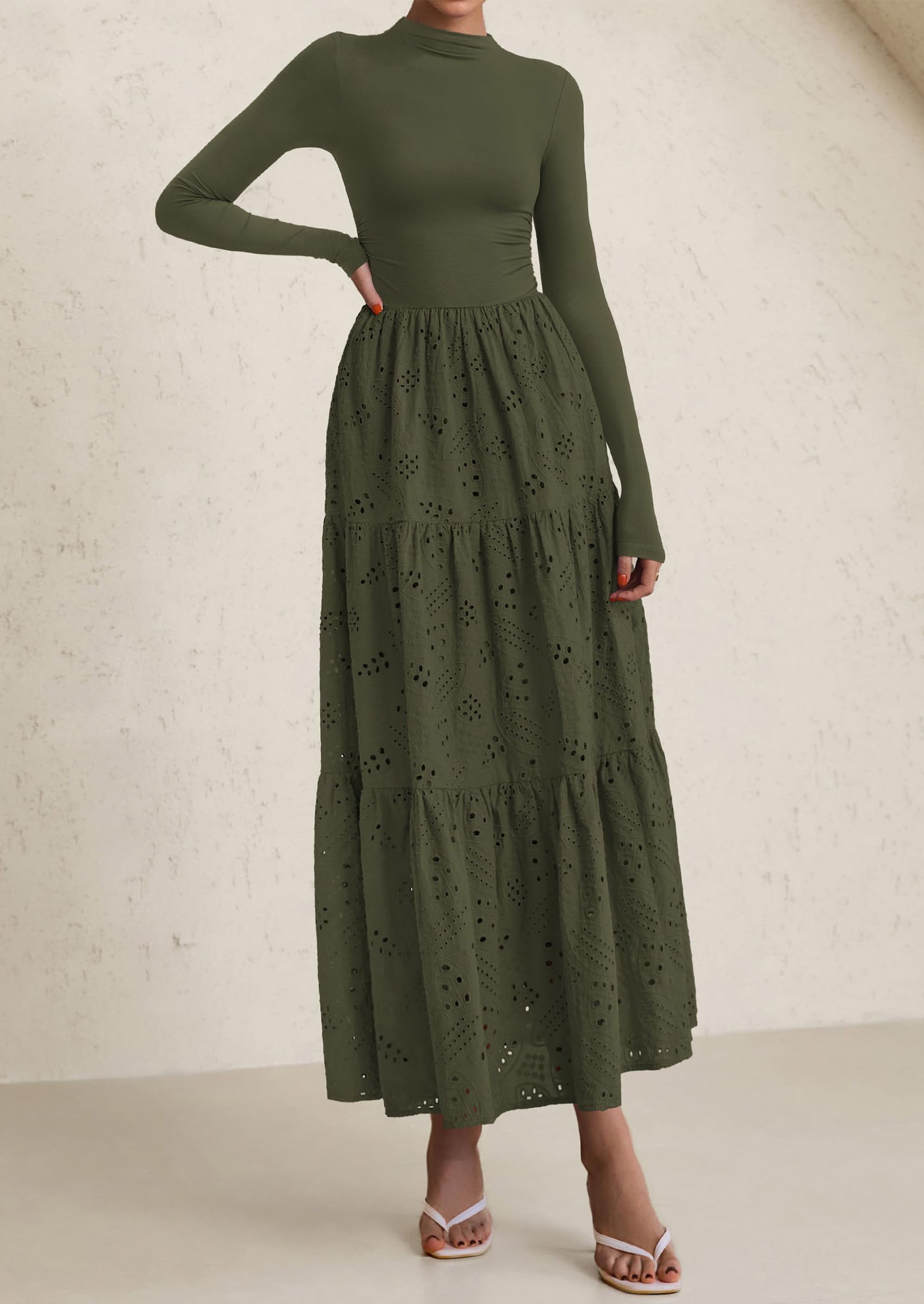 PRETTYGARDEN Long Sleeve Dress for Women Fall Eyelet Mock Neck A Line Elegant Classy Maxi Wedding Guest Dresses Pockets