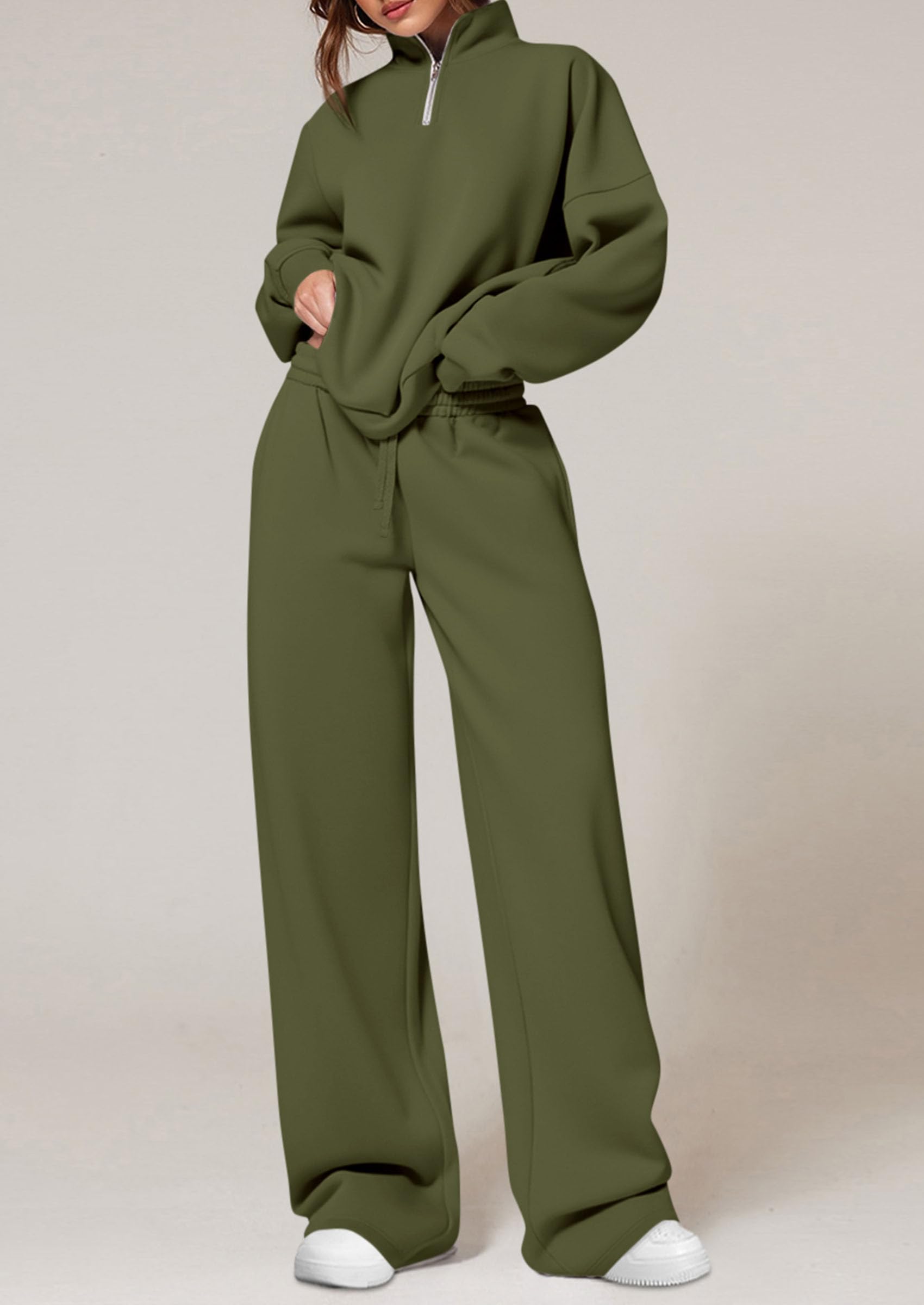 PRETTYGARDEN Womens Casual Two Piece Sets Fall Outfits Quarter Zip Sweatshirts Straight Leg Pants Sweatsuits Tracksuit