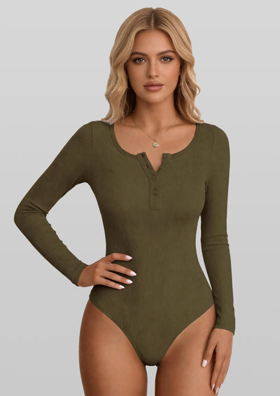 PRETTYGARDEN Long Sleeve Bodysuits for Women Ribbed Knit Henley Button Up Slim Fitted Basic Tops Winter Fashion Clothing