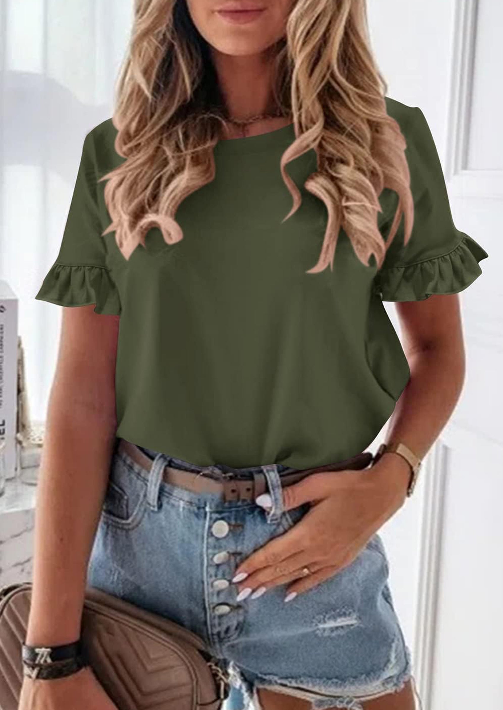 PRETTYGARDEN Women's Short Sleeve Casual T Shirts Summer Ruffle Plain Round Neck Loose Fit Tee Blouse Tops