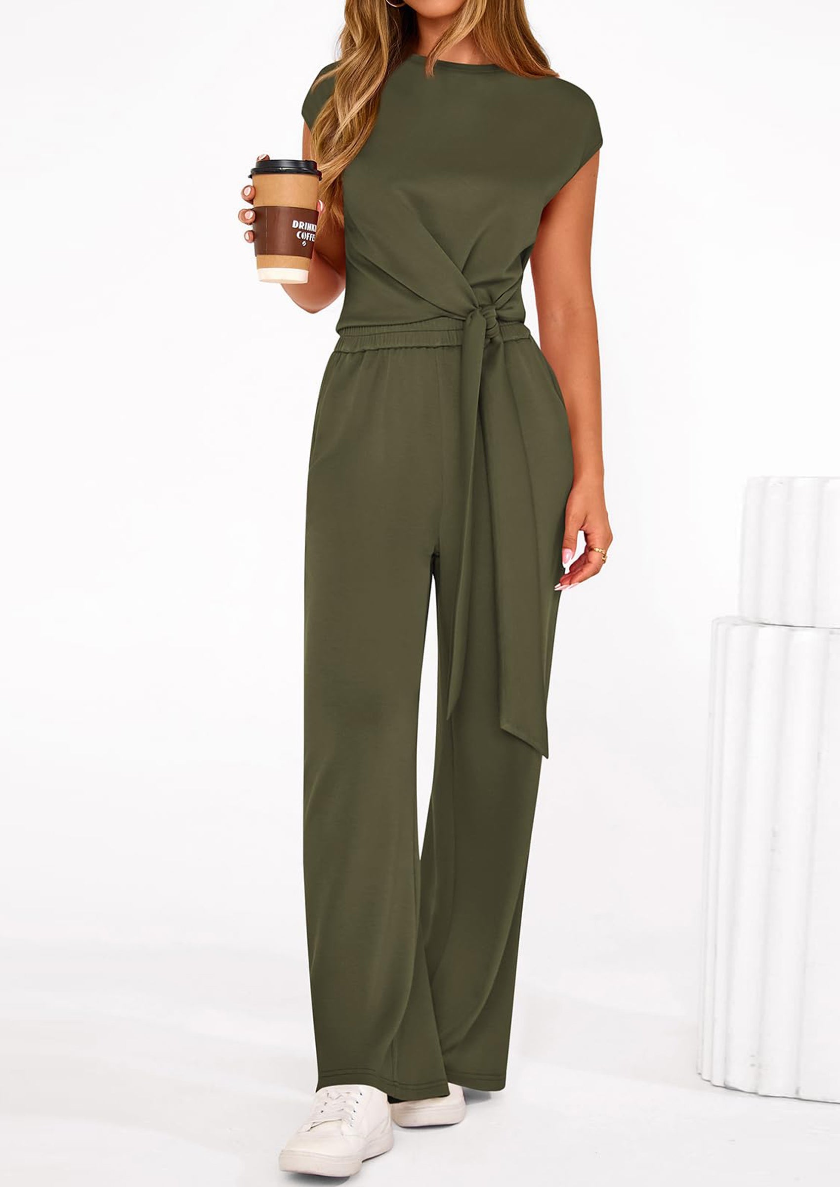 PRETTYGARDEN 2 Piece Matching Lounge Sets For Women Summer Short Sleeve Tie Front Crop Tops Casual Wide Leg Pants Tracksuit PRETTYGARDEN